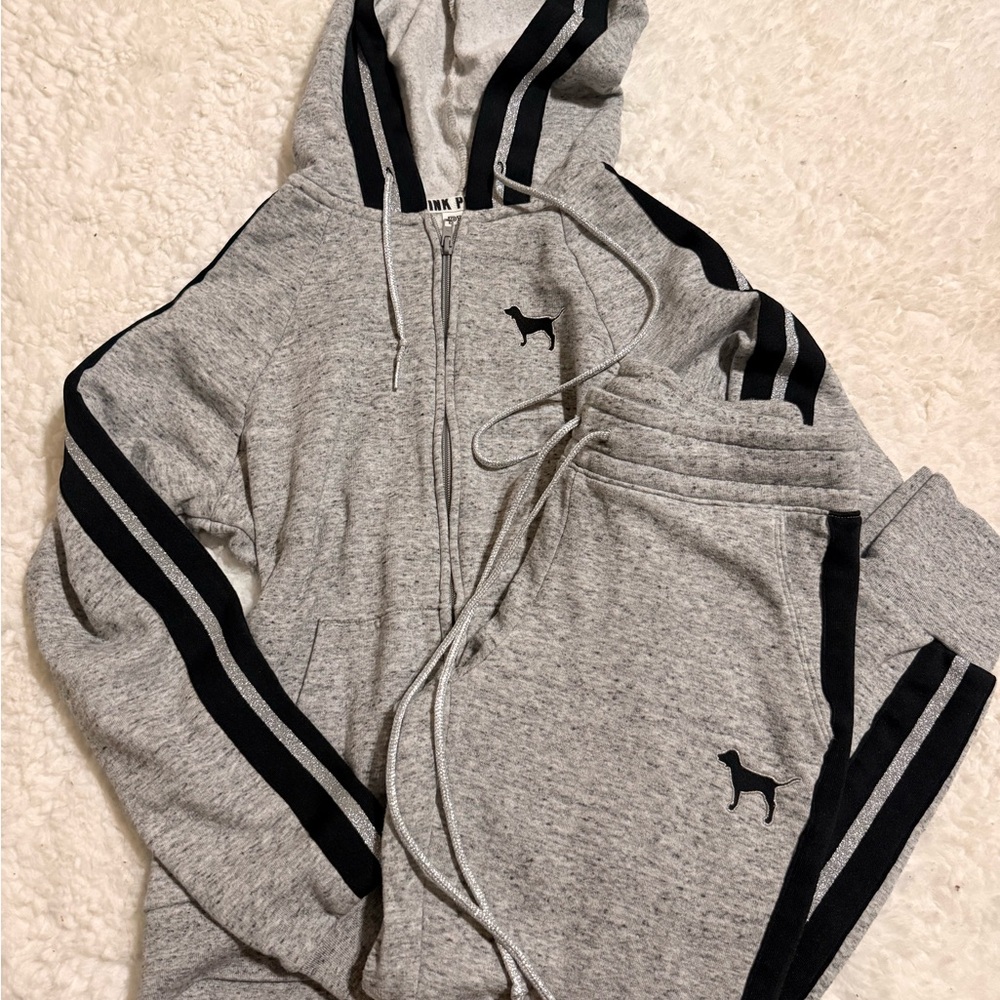 Victoria's Secret Gray Zip-Up Sweater and matching sweats with Black Stripes